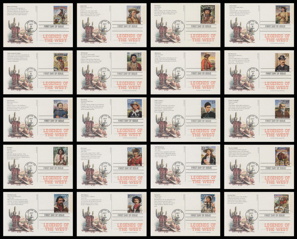 UX178 - UX197 / 19c Legends of the West : Lawton, OK Postmark 1994 Set of 20 FDCO Exclusive ADD-ON Postal Card FDCs