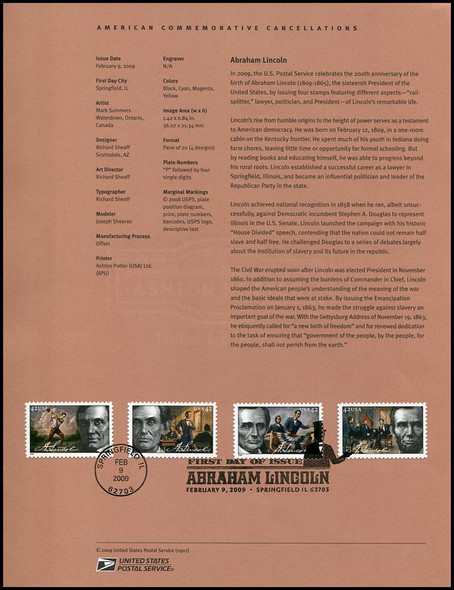 4380 - 4383 / 42c Abraham Lincoln 2009 USPS #0907 Souvenir Page