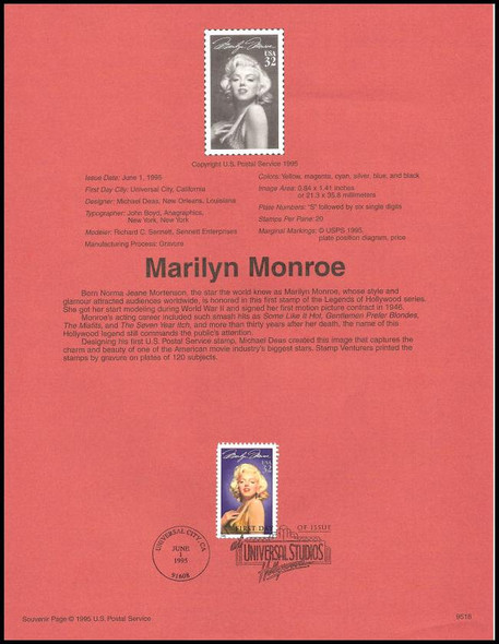 2967 / 32c Marilyn Monroe : Legends of Hollywood 1995 USPS #9518 Souvenir Page