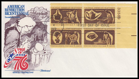 1459a / 8c Colonial American Craftsmen 1972 Plate Block Fleetwood First Day Cover