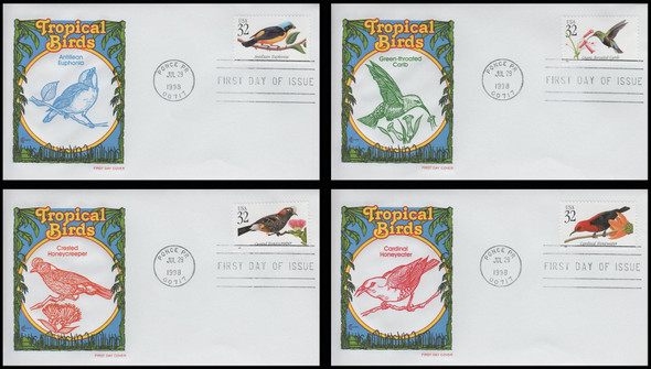 3222 - 3225 / 32c Tropical Birds 1998 Set of 4 Cover Craft Cachets FDC With Insert Card (Limited Edition of Only 150 Made)