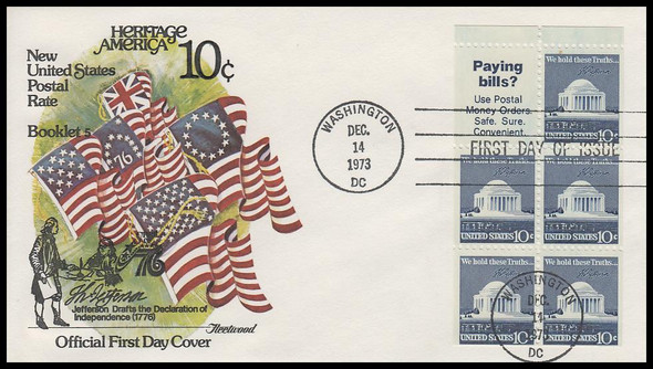 1510b / 10c Jefferson Memorial Booklet Pane of 5 + Mail Label 1973 Fleetwood First Day Cover