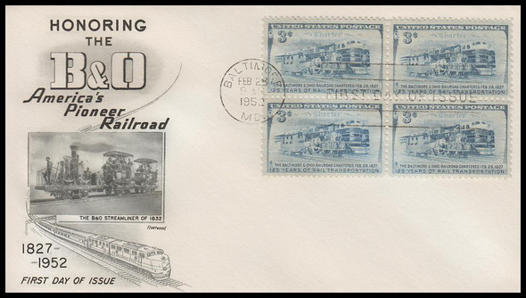 1006 / 3c B. & O. Railroad 1952 Block Fleetwood First Day Cover