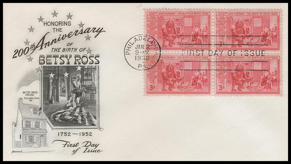 1004 / 3c Betsy Ross 1952 Block Fleetwood First Day Cover