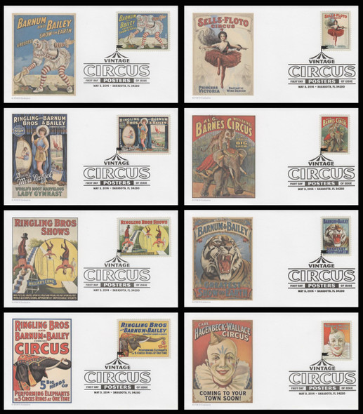 4898 - 4905 / 49c Vintage Circus Posters 2014 Set of 8 FDCO Exclusive First Day Covers