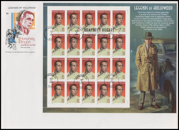 3152 / 32c Humphrey Bogart  : Legends of Hollywood Pane 1997 Cover Craft Cachets FDC