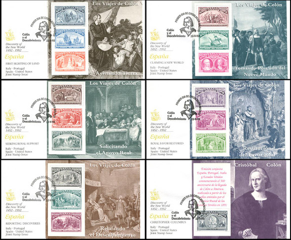 2677 - 2682 / 60c  Columbus Souvenir Sheets Spain Joint Issue 1992 Set of 6 Fleetwood 1992 FDCs