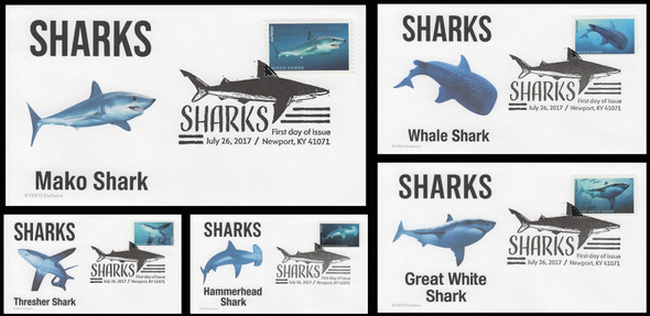 5223 - 5227 / 49c Sharks 2017 Set of 5 FDCO Exclusive First Day Covers