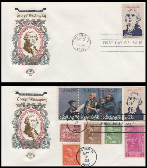 2216a / 22c George Washington : Ameripex '86 Single and Combo 1986 Set of 2 House of Farnam First Day Covers