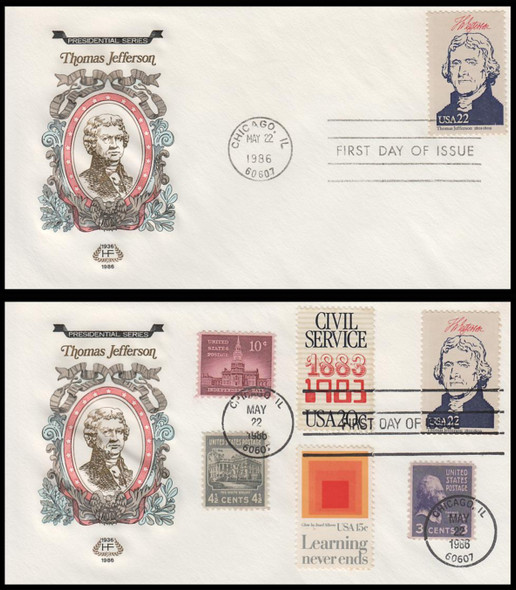 2216c / 22c Thomas Jefferson : Ameripex '86 Single and Combo 1986 Set of 2 House of Farnam First Day Covers