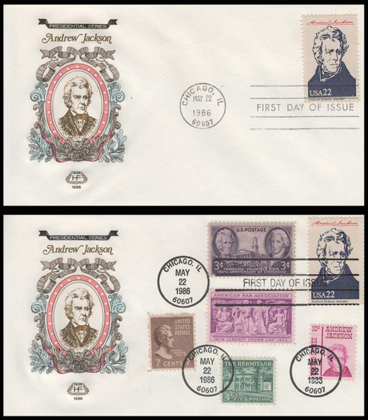 2216g / 22c Andrew Jackson : Ameripex '86 Single and Combo 1986 Set of 2 House of Farnam First Day Covers