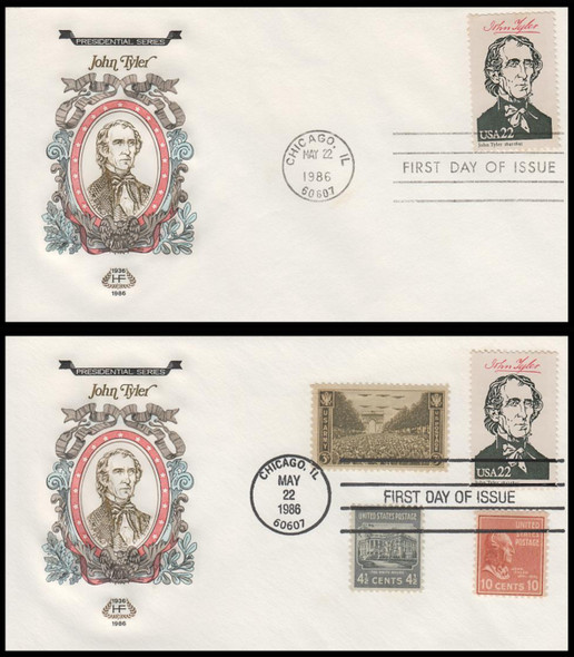 2217a / 22c John Tyler : Ameripex '86 Single and Combo 1986 Set of 2 House of Farnam First Day Covers