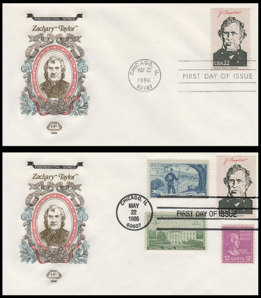 2217c / 22c Zachary Taylor : Ameripex '86 Single and Combo 1986 Set of 2 House of Farnam First Day Covers