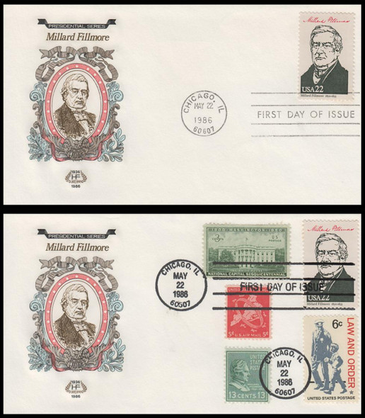 2217d / 22c Millard Fillmore : Ameripex '86 Single and Combo 1986 Set of 2 House of Farnam First Day Covers
