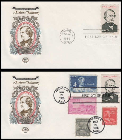 2217h / 22c Andrew Johnson : Ameripex '86 Single and Combo 1986 Set of 2 House of Farnam First Day Covers