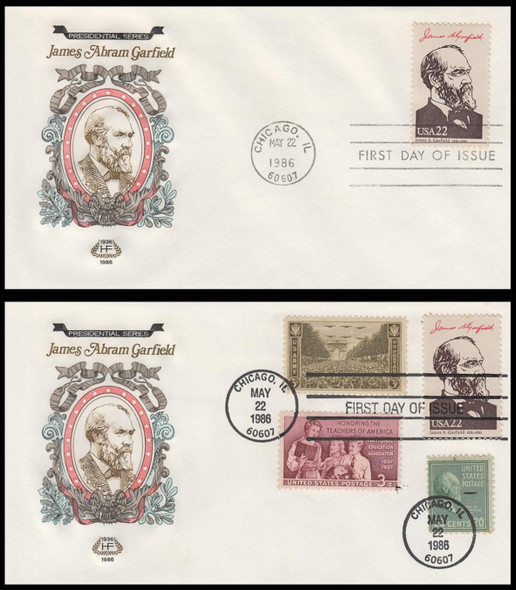 2218b / 22c James Abram Garfield : Ameripex '86 Single and Combo 1986 Set of 2 House of Farnam First Day Covers