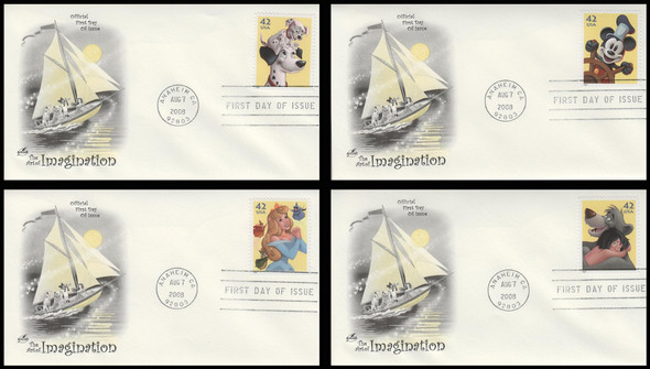 4342 - 4345 / 42c Art of Disney: Imagination 2008 Set of 4 Artcraft First Day Covers