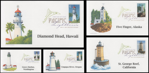 4146 - 4150 / 41c Pacific Coast Lighthouses 2007 Set of 5 Digital Color Postmark ( DCP ) FDCO Exclusive FDCs