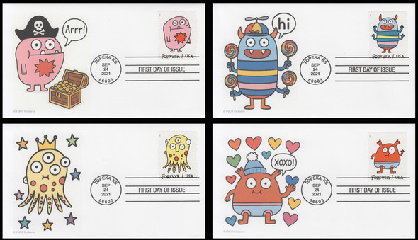 5636 - 5639 / 58c Message Monsters 2021 Set of 4 FDCO Exclusive First Day Covers