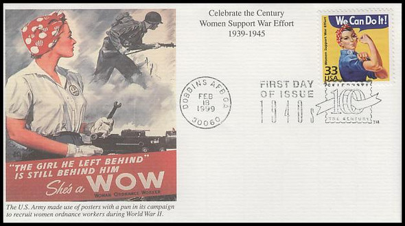 3186e / 33c Women Support War Effort : Celebrate the Century 1940s Mystic 1999 First Day Cover