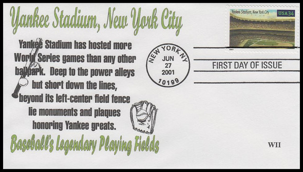 3513 / 34c Yankee Stadium : Legendary Baseball Fields 2001 WII Cachets First Day Cover #2