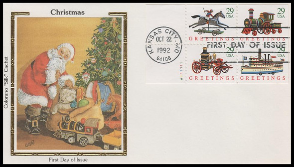 2718a / 29c Christmas Toys : Contemporary Christmas Booklet Pane 1992 Colorano Silk First Day Cover