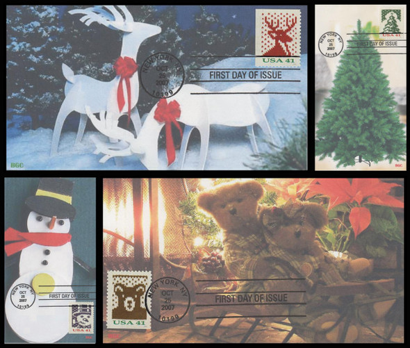 4207 - 4210 / 41c Holiday Knits Sheet : Christmas 2007 Set of 4 BGC Full Color First Day Covers