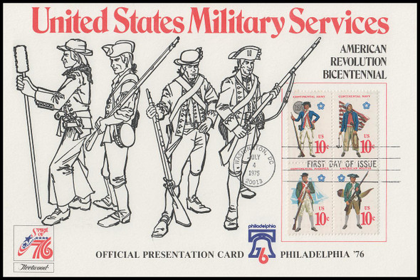 1568a / 10c Military Uniforms Se-Tenant Block 1975 Fleetwood FDOI Presentation Card