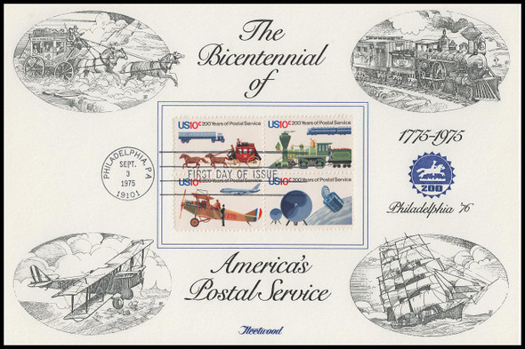 1575a / 10c U.S. Postal Service Bicentennial Se-Tenant Block 1975 Fleetwood FDOI Presentation Card