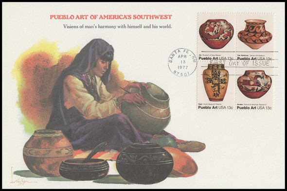 1709a / 13c Pueblo Pottery Se-Tenant Block 1977 Fleetwood FDOI Presentation Card