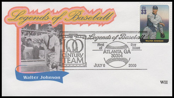 3408i / 33c Walter Johnson : Legends of Baseball 2000 WII Cachets First Day Cover