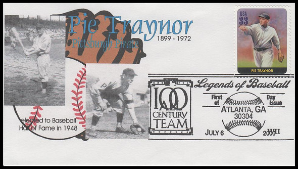 3408o / 33c Pie Traynor : Legends of Baseball 2000 WII Cachets First Day Cover