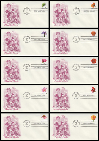 4176 - 4185 / 41c Beautiful Blooms Bklt Singles 2007 Set of 10 Artcraft First Day Covers