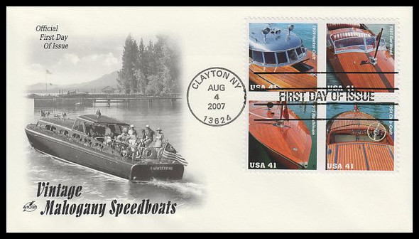 4163a / 41c Vintage Mahogany Speedboats Se-Tenant Block 2007 Artcraft FDC
