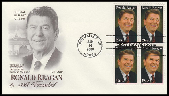 4078 / 39c Ronald Reagan 2006 Block Artcraft FIrst Day Cover