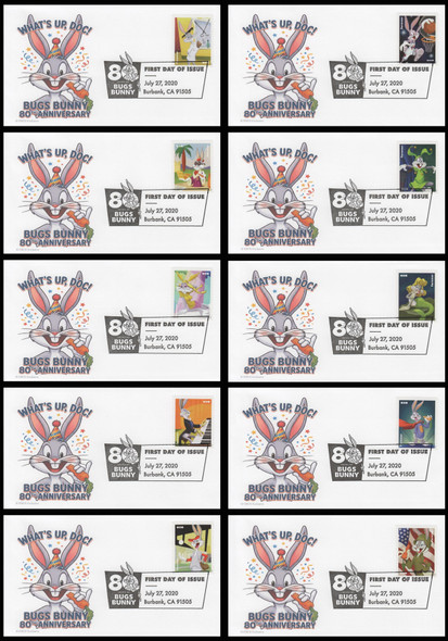5494 - 5503 / 55c Bugs Bunny 2020 Set of 10 FDCO Exclusive FDCs