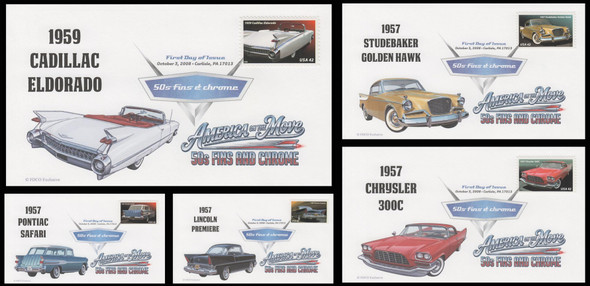 4353 - 4357 / 42c Tail Fins and Chrome 2008 Set of 5 Digital Color Postmark FDCO Exclusive First Day Covers
