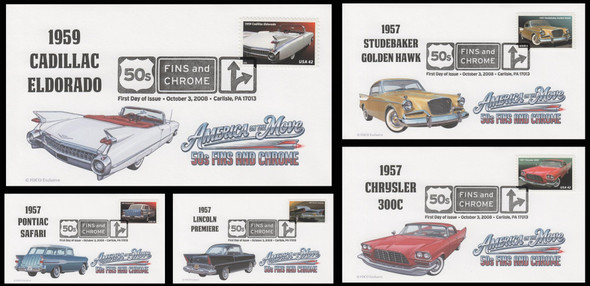 4353 - 4357 / 42c Tail Fins and Chrome 2008 Set of 5 FDCO Exclusive First Day Covers