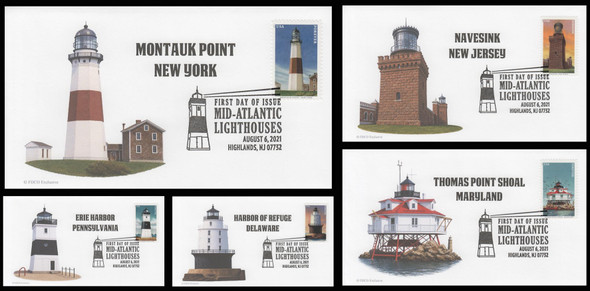 5621 - 5625 / 55c Mid-Atlantic Lighthouses 2021 Set of 5 FDCO Exclusive First Day Covers
