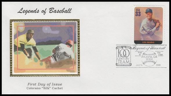 3408t / 33c Lou Gehrig : Legends of Baseball 2000 Colorano Silk First Day Cover