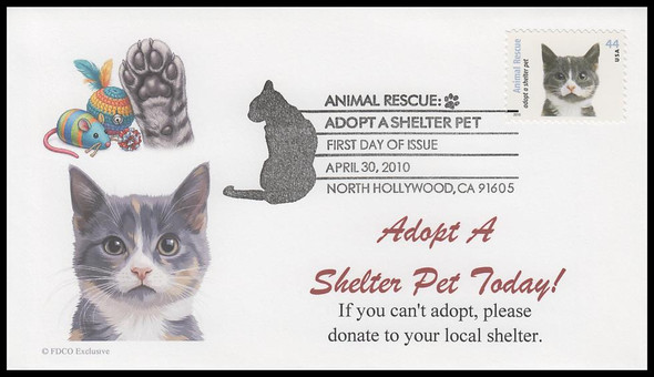 4456 / 44c Gray and White Cat : Adopt a Shelter Pet 2010 FDCO Exclusive First Day Cover