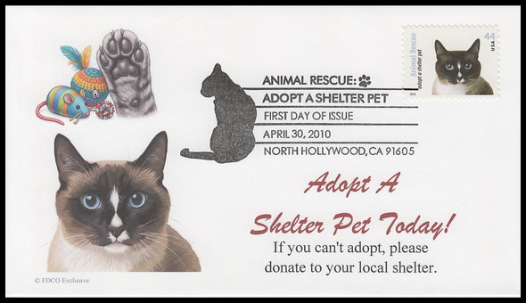 4457 / 44c Black White and Tan Cat : Adopt a Shelter Pet 2010 FDCO Exclusive First Day Cover