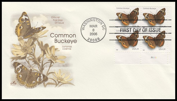 4000 / 39c Common Buckeye 2006 Plate Block Artcraft First Day Cover
