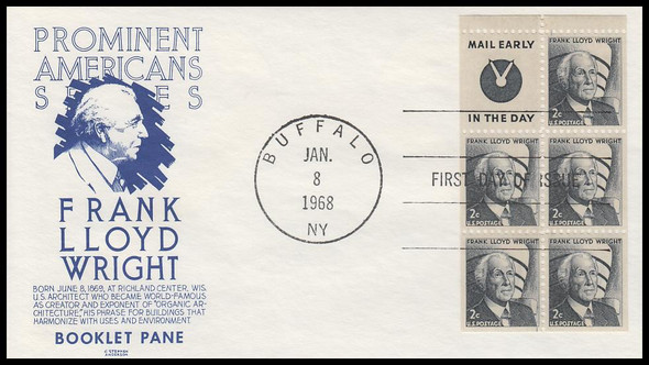 1280a / 2c Frank L. Wright : Booklet Pane of 5 + Label 1968 Anderson First Day Cover