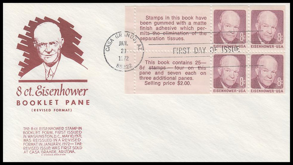 1395c / 8c Dwight D. Eisenhower Booklet Pane of 4 + 2 Labels 1972 Anderson First Day Cover