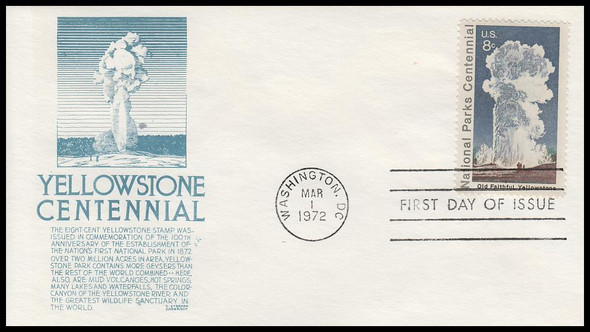 1453 / 8c National Parks Centennial : Old Faithful, Yellowstone Washington, DC Postmark 1972 Anderson First Day Cover
