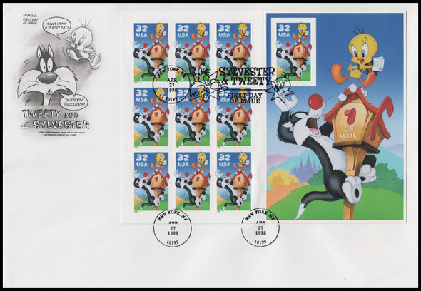 3204 / 32c Sylvester and Tweety : Looney Tunes Pane 1998 Artcraft First Day Cover