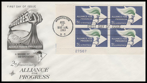 1234 / 5c Alliance for Progress 1963 Plate Block Artcraft First Day Cover
