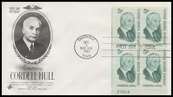 1235 / 5c Cordell Hull 1963 Plate Block Artcraft First Day Cover