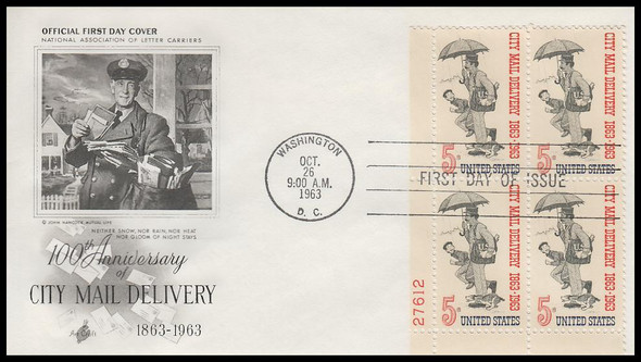 1238 / 5c City Mail Delivery 1963 Plate Block Artcraft First Day Cover